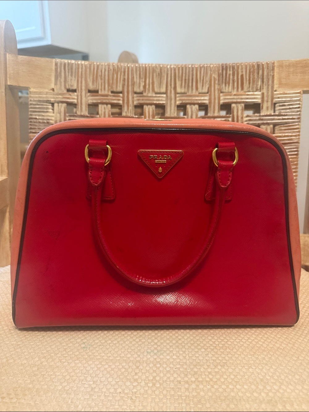 Prada Red Patent and Saffiano Leather Satchel with Gold Hardware